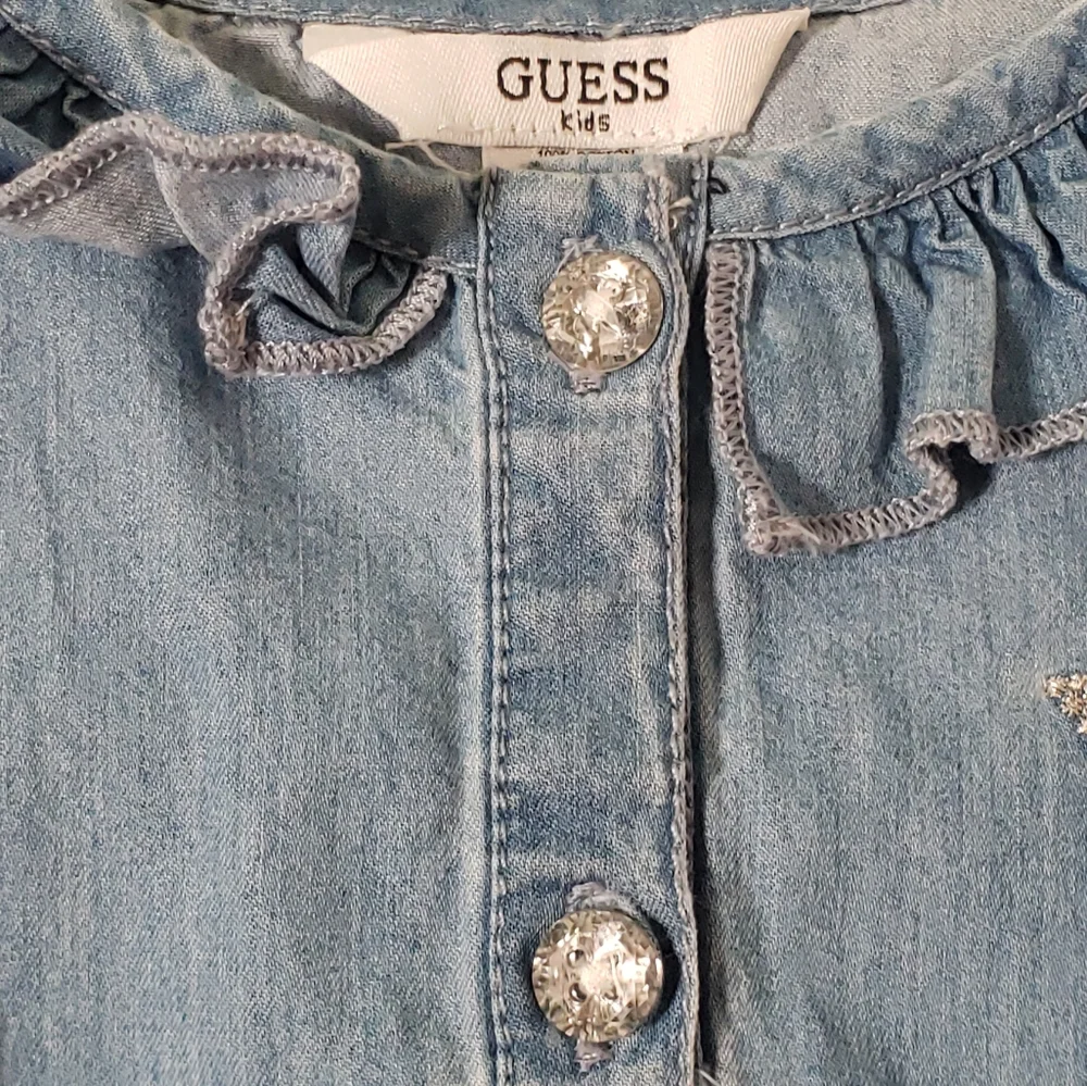 Vintage Guess Kids Denim Ruffles Tiered Bling Rheinstones Sheer Tie Fit Flare Dr
